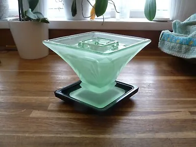 Buy Art Deco Antique Green Glass Vase Black Base  With Glass Frog Diamond Shape • 30£