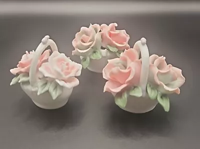 Buy Vintage Ceramic Mini Flower Baskets W/ Pink White Lt Green Flowers Set Of 3 Read • 17.26£