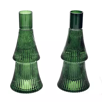 Buy Emerald Green Glass Candlesticks Candle Holders Tree Shape Ribbed - Set Of 2 EUC • 13.45£