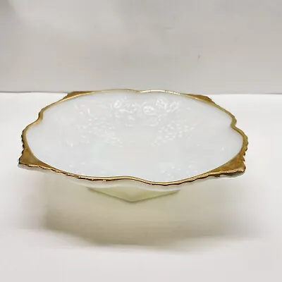 Buy Vintage Milk Glass Bowl Anchor Hocking Compote Grapes Fruit Bowl Gold Rim • 14.40£