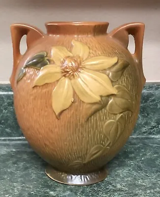 Buy Roseville Usa Pottery 2 Handled Vase 107-8  Clematis Orange Green W/ Flowers • 72.21£