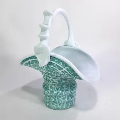 Buy Antique Victorian Green Crackle Milk Glass Flower Basket Vase With Ribbon Trails • 47.40£