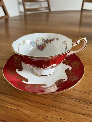 Buy Queens Emperor Tea Cup & Saucer In Dark Red With Floral Detail Fine China  • 19.99£