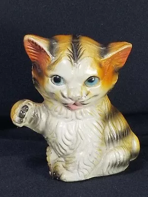 Buy Vintage Plastic Cat Figurine, Seated Blue-eyed Calico-Tabby W/Raised Paw, MINT! • 5.74£
