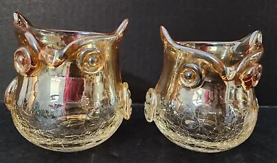 Buy Hand Blown Crackle Art Glass Owl Vase Votive Mid Century...set Of 2 • 31.18£
