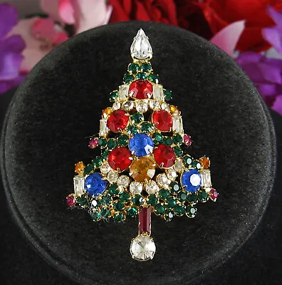 Buy Vintage Pin WARNER CHRISTMAS TREE BROOCH Candles Multi Color Rhinestones • 49.36£
