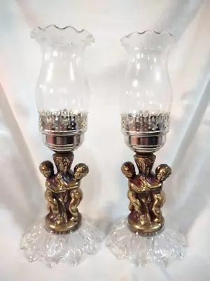 Buy Vtg Regency Cherub Brass Glass Candle Holders COMPLETE WITH GLOBES • 50.33£