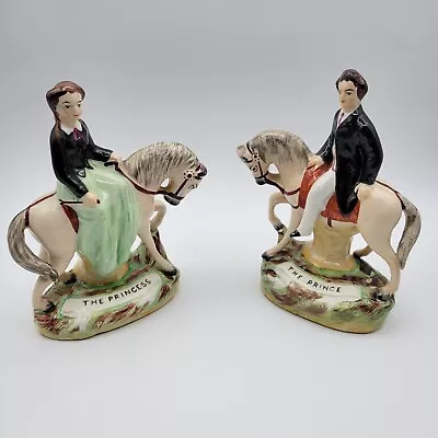 Buy Antique Old Staffordshire Pair Equestrian Horse Prince Princess Mantle Statues • 143.86£