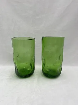Buy PAIR Blenko Tumblers Drinking Glasses Olive Green Pinched Dimple Crackle 5.5” • 47.41£