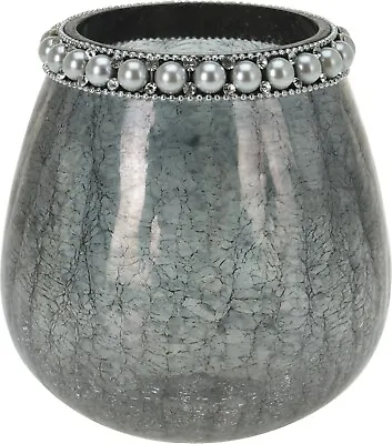 Buy Grey Crackled Glass Vase Pearl Rim Decorative Ornament Charcoal Tea Light Holder • 14.99£