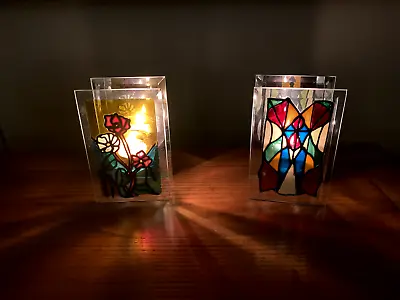 Buy 2 X Beautiful Stained Glass Tea Light Candle Holders - Floral / Multi Coloured • 20£