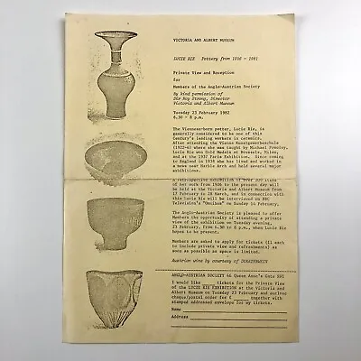 Buy Lucie Rie Pottery From 1926-1981 Ephemera V&A Anglo-Austrian Society 1982 • 28£