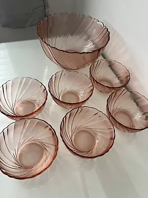 Buy Vintage Vereco France Pink Glass Fruit Serving Bowls Swirl Pattern • 60£
