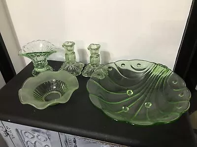 Buy Green Glass Candlesticks, Large Bowl, Small Bowl, Vase And Free Dish If Wanted • 20£