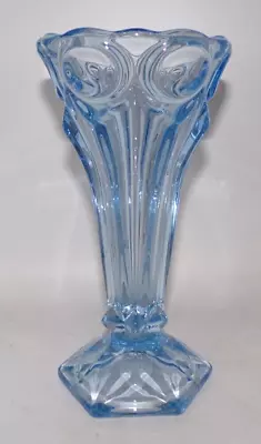 Buy Sky Blue Pressed Glass Vase Art Deco Geometric Pattern 8.25  • 18£