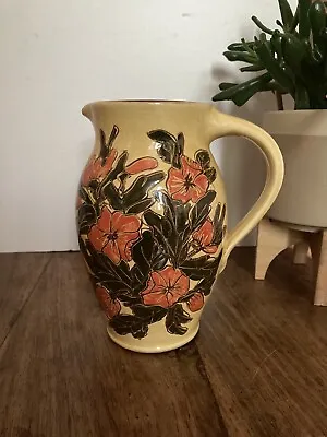 Buy Studio Pottery Hand Painted Terracotta Jug Pitcher Earthenware Floral Pattern • 12£