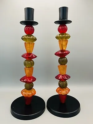 Buy Set Of Two Art Glass Bead Candlesticks Pillar Candle Holders-Amber, Red & Green • 23.71£