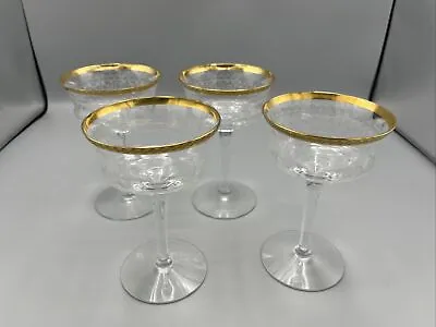 Buy Tiffin ? Needle Etch Optic Panels Gold Rimmed Champagne Sherbet Glasses Set Of 4 • 34.09£