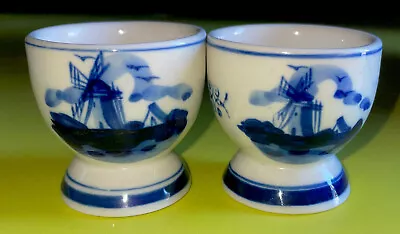 Buy EGG CUPS X2 Vintage Delftware Windmill Hand Painted Blue & White/ Holland • 11.50£