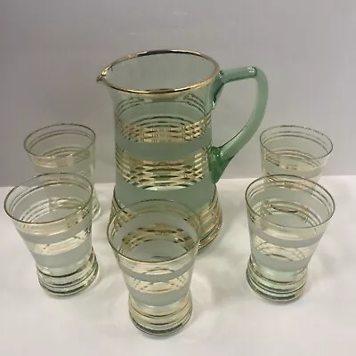 Buy Vintage Bohemia Czech Glass Pitcher Jug And 5x Tumblers Set Frosted & Gold Bands • 14.58£