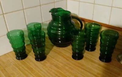 Buy Vintage Ribbed Green Glass Pitcher With 6 Glasses • 94.32£