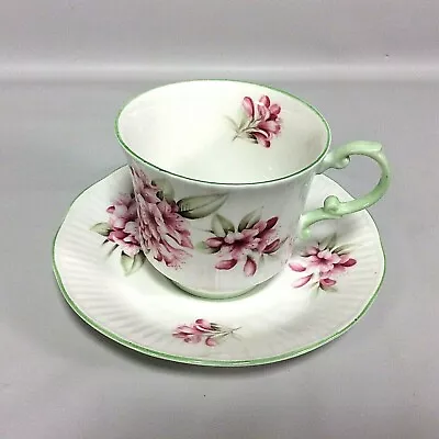 Buy Rosina Queens Tea Cup Saucer Fine Bone China Pink Flowers Green Edges Ribbed  • 23.23£