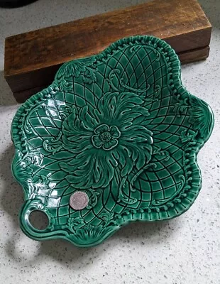 Buy Antique Green Acanthus Floral Majolica Platter, Shallow Dish, Platter • 19.95£