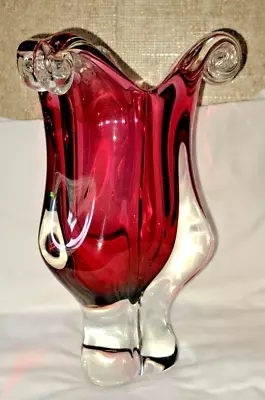 Buy Chribska Heavy Glass Cranberry Pink Vase Flower Shaped Retro 21cm TALL • 25£