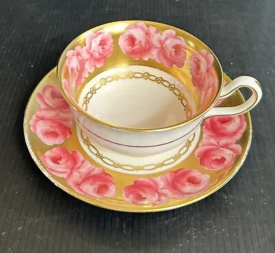 Buy Vintage Royal Chelsea England Gold Ground Cabbage Pink Roses TeaCup & Saucer Set • 70.99£