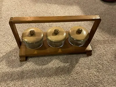 Buy Vintage Glass Storage Jars With Wooden Lids On Wooden Stand • 8£
