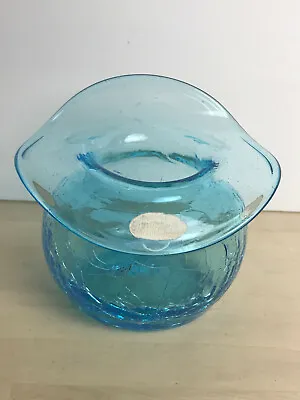Buy Vintage Aqua Blue Crackle Glass Vase 4.25” Tall Wide Lip Handblown Art Glass • 33.07£