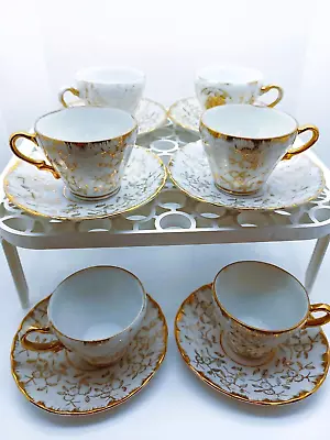 Buy Sterling China 6 Sets Vintage Japan Demitasse Teacups And Saucers White And Gold • 23.07£