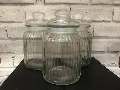 Buy 3 Vintage  Fluted Ribbed Glass Storage Pickle Jar Airtight Food Container Pot 1L • 12£