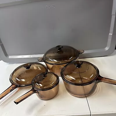 Buy Vision Corning Amber Glass 4 Set Waffle Bottom Skillet/Sauce Pot Pan Lid • 67.41£