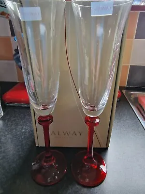 Buy Galway Crystal Flutes. Clear With Red Steam. Style Liberty. Set Of 2  New In Box • 18£