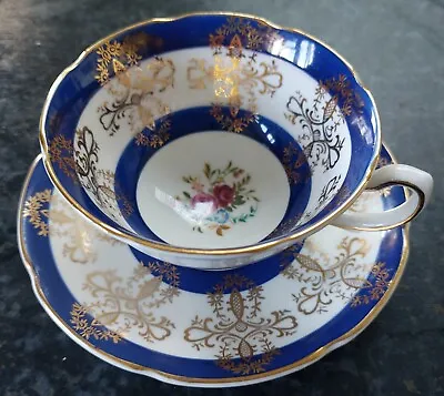 Buy Royal Grafton Floral Tea Cup & Saucer In Cobalt Blue & Gold Pattern With Roses  • 8£