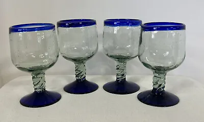 Buy 4 Hand Blown Mexican Recycled Glass Cobalt Blue Rim & Base 6” Tall Wine Glasses • 39.90£