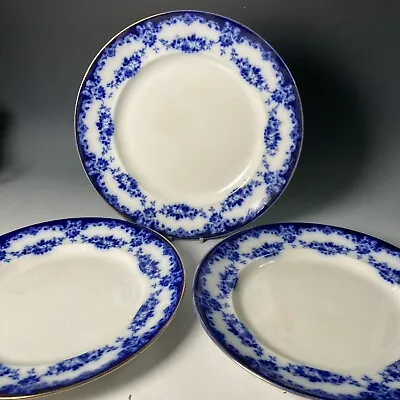 Buy 3 X Vintage Antique Albion Pottery Blue White Flow Garland Pattern Dinner Plates • 39.95£