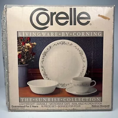 Buy Vintage Corelle Ribbon Bouquet Grey Dinnerware 16 Pc Set 80s Corning PYREX • 33.54£