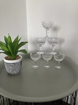 Buy Set Of 6 Lead Crystal Cut Etched Champagne Coupes Saucers / Glasses • 30£
