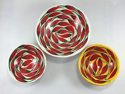 Buy Mexican Pottery Footed Chili Pepper Bowls Set Of 3 • 28.77£