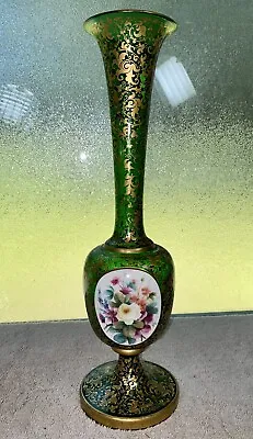 Buy Scarce Antique Czech Bohemian Gilded Green Vase 12”H C-1800s • 185.61£
