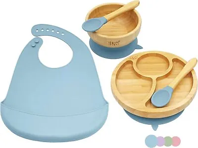 Buy Bamboo Baby Weaning Set Suction Plate & Bowl 2 Spoons Silicone Bib Baby Feeding • 15.99£