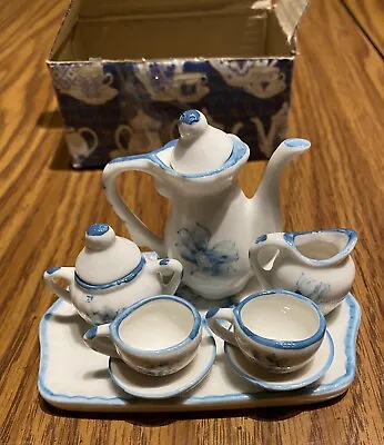 Buy Mini Porcelain Tea Set Pitcher Creamer Sugar 2 Cups Saucers White Blue Floral • 19.21£