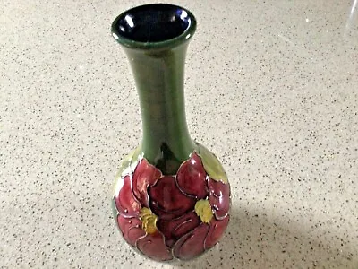 Buy Moorcroft Clematis 8.75” Inch Tall Stem Vase On Green Ground Mint • 145£