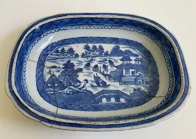 Buy Antique Chinese Willow Pattern Blue And White Porcelain Platter - Repaired. • 9.99£