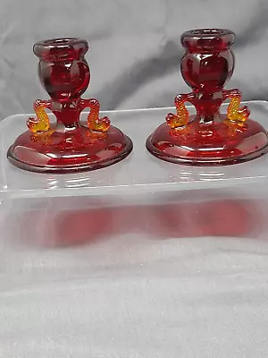 Buy Fenton Ruby Red Amberina Glass Twin Dolphin Candlesticks - #1623 • 18.97£