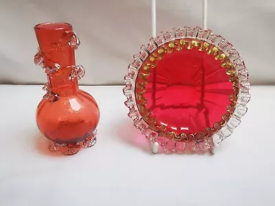 Buy Pair Of Antique Victorian Glass, Small Vase And Bowl, Cranberry, Peach, Gold • 18.99£