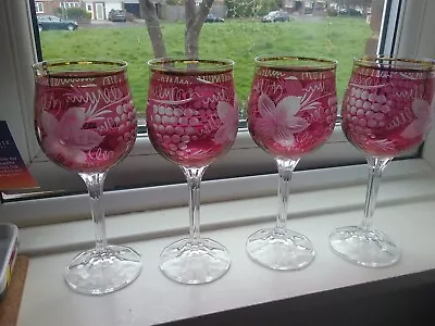 Buy 4 X Vintage Red Cranberry  Etched Grapes  And Flowers Gold Rim Glasses Bohemian? • 40£