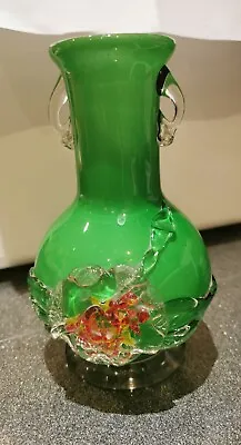 Buy Antique Vase Green Glass Blown Interior Opal White Embellished Flower Glass • 30£